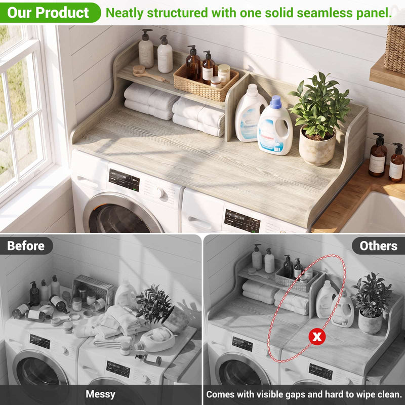 Washer Dryer Countertop with 2-Tier Storage Shelf, 54" x 27.5" Laundry Wood Shelf Topper, Laundry Room Organizer with Non-Slip Pads