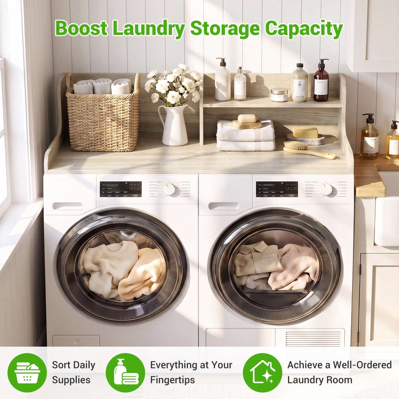 Washer Dryer Countertop with 2-Tier Storage Shelf, 54" x 27.5" Laundry Wood Shelf Topper, Laundry Room Organizer with Non-Slip Pads