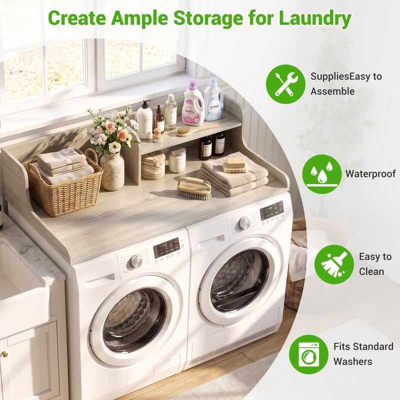 Washer Dryer Countertop with 2-Tier Storage Shelf, 54" x 27.5" Laundry Wood Shelf Topper, Laundry Room Organizer with Non-Slip Pads