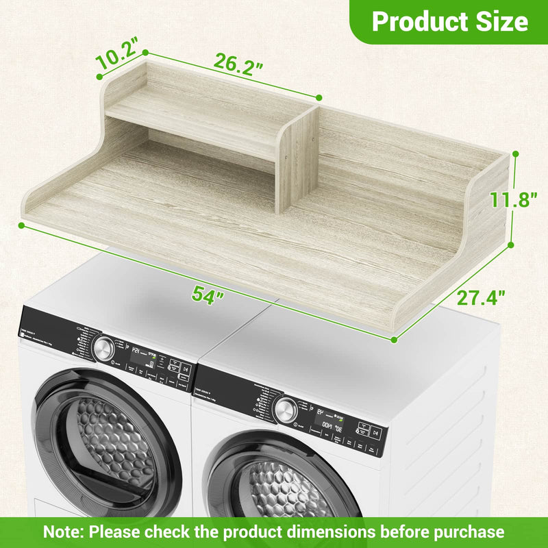 Washer Dryer Countertop with 2-Tier Storage Shelf, 54" x 27.5" Laundry Wood Shelf Topper, Laundry Room Organizer with Non-Slip Pads