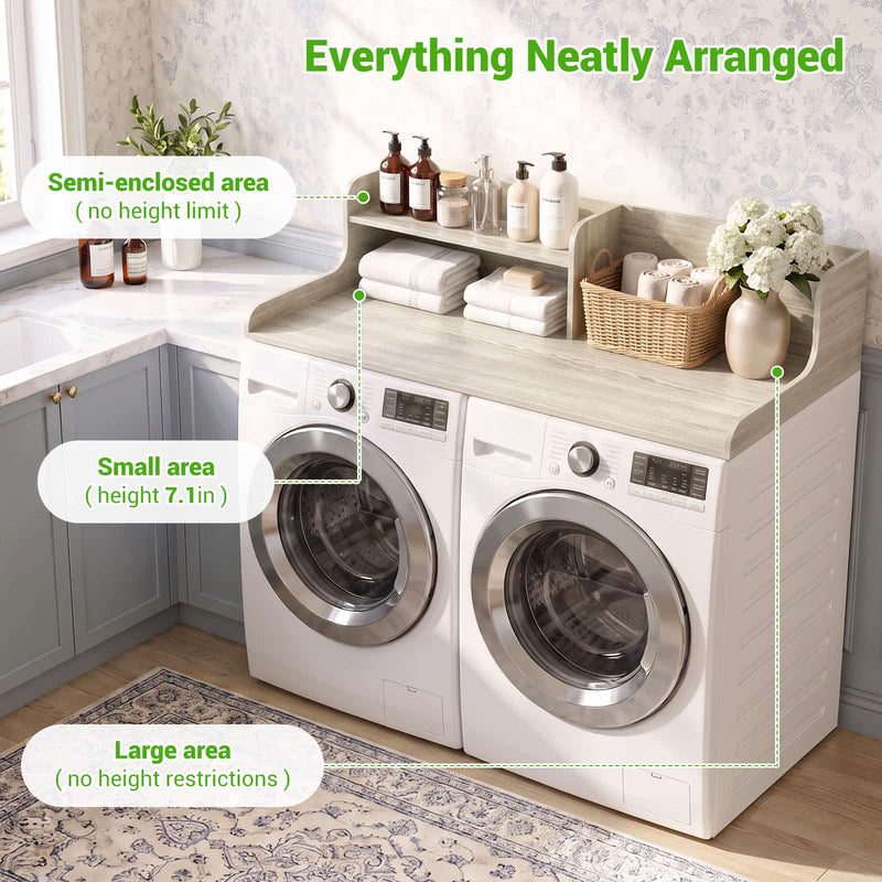 Washer Dryer Countertop with 2-Tier Storage Shelf, 54" x 27.5" Laundry Wood Shelf Topper, Laundry Room Organizer with Non-Slip Pads