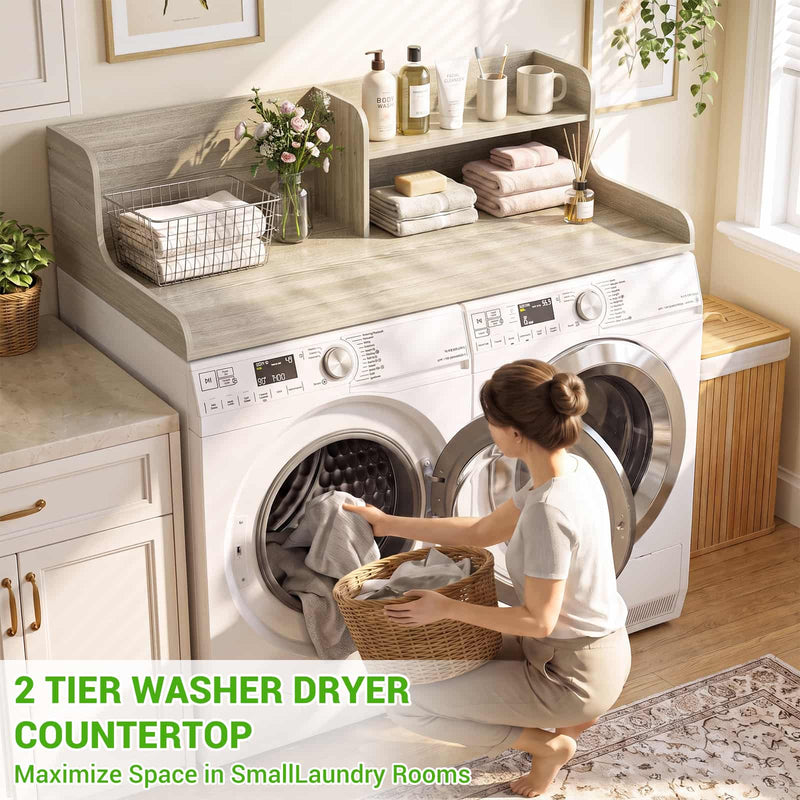 Washer Dryer Countertop with 2-Tier Storage Shelf, 54" x 27.5" Laundry Wood Shelf Topper, Laundry Room Organizer with Non-Slip Pads