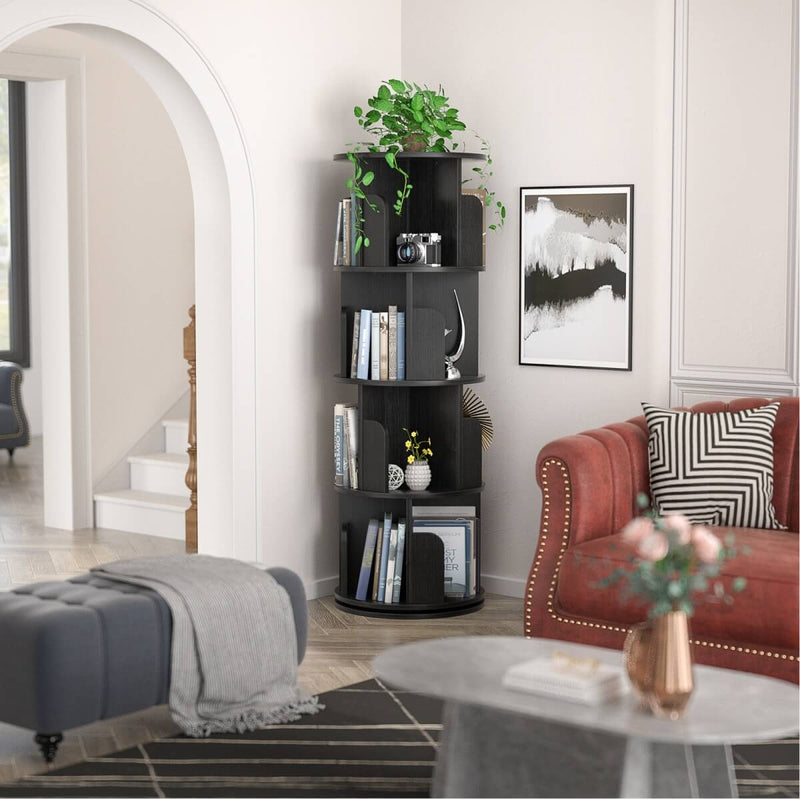 4-Tier Wooden 360 Rotating Bookshelf, Book Organizer Shelf Tower