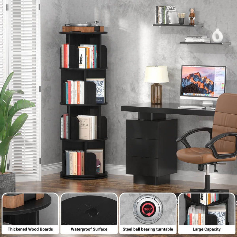 4-Tier Wooden 360 Rotating Bookshelf, Book Organizer Shelf Tower