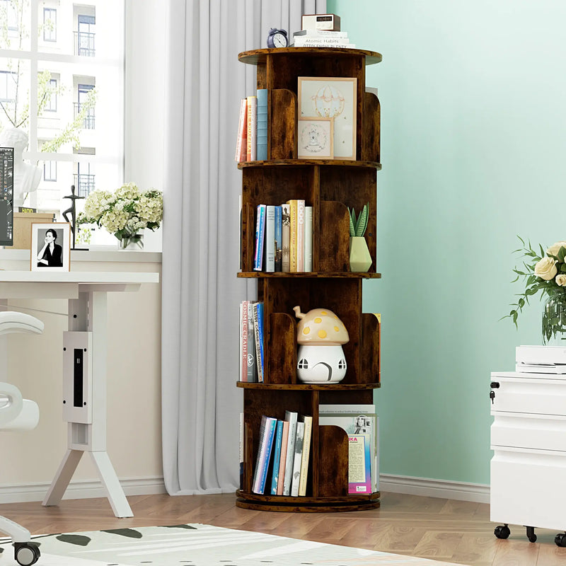 4-Tier Wooden 360 Rotating Bookshelf, Book Organizer Shelf Tower