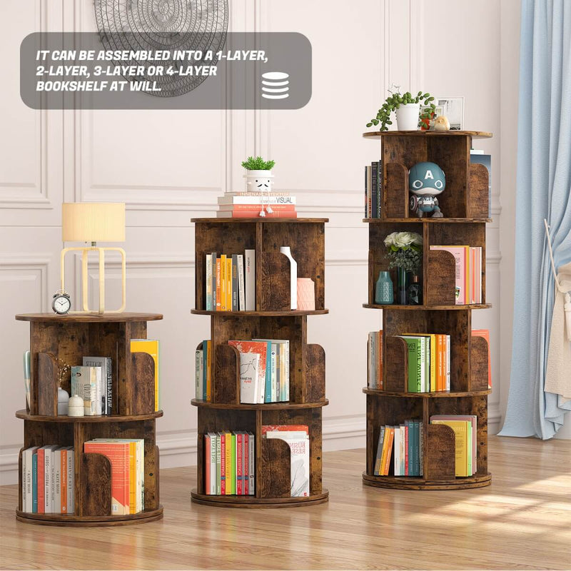 4-Tier Wooden 360 Rotating Bookshelf, Book Organizer Shelf Tower