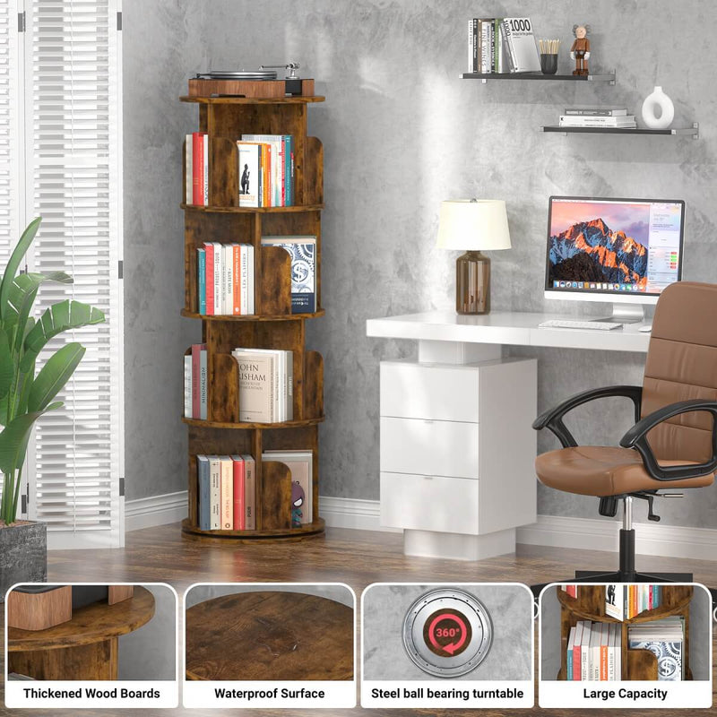 4-Tier Wooden 360 Rotating Bookshelf, Book Organizer Shelf Tower