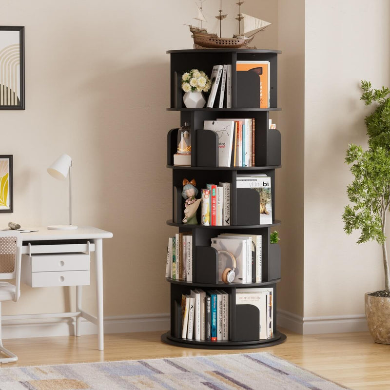 5-Tier Wooden Rotating Bookshelf, Bookcase Storage Rack