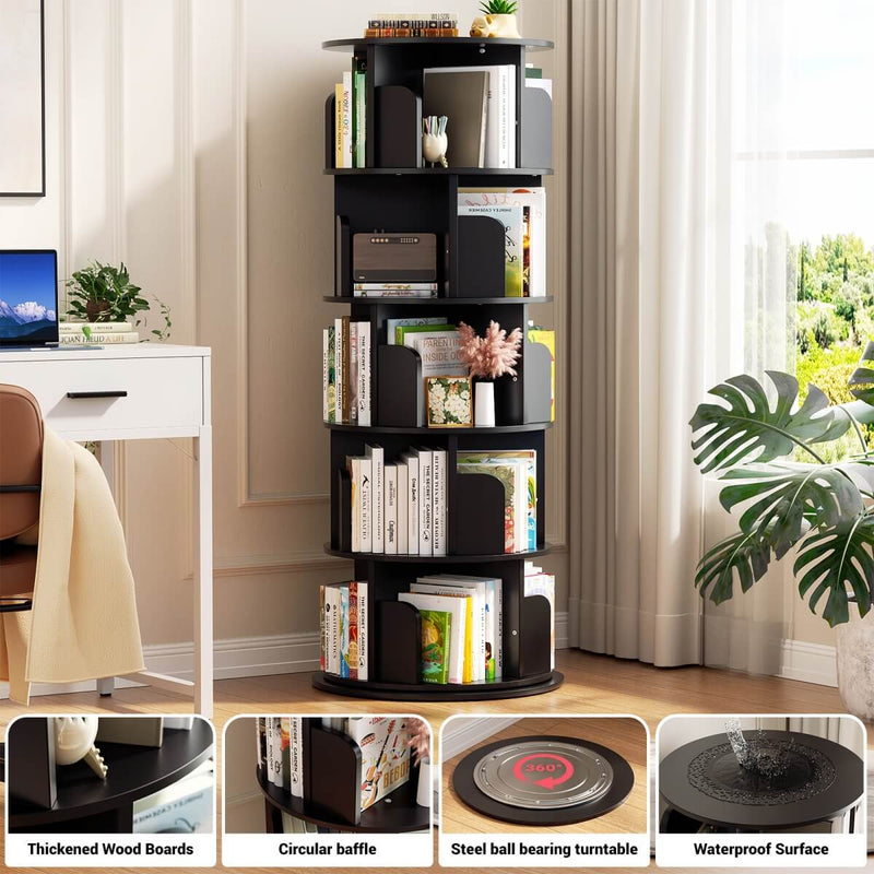 5-Tier Wooden Rotating Bookshelf, Bookcase Storage Rack