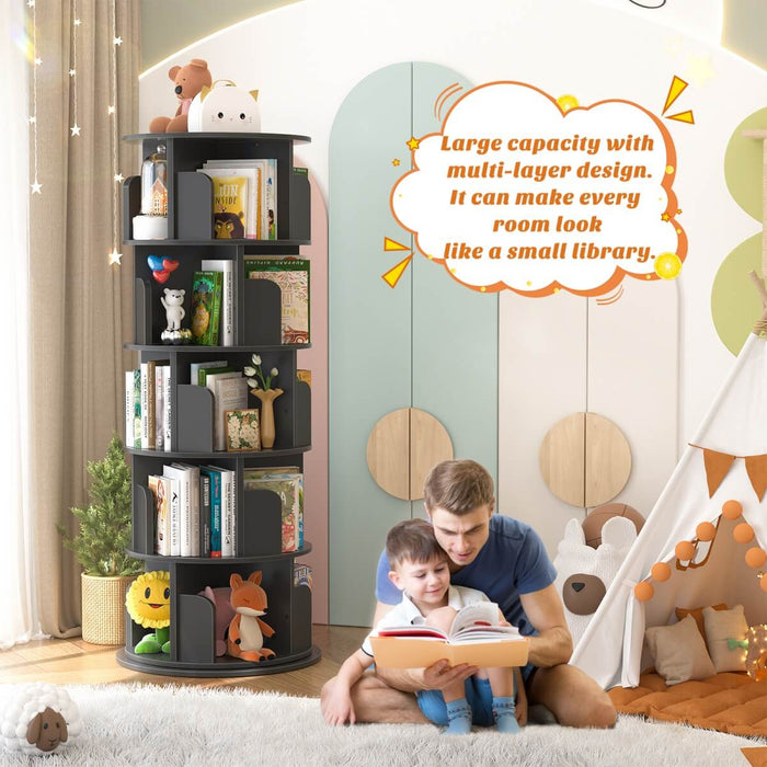 5-Tier Wooden Rotating Bookshelf, Bookcase Storage Rack