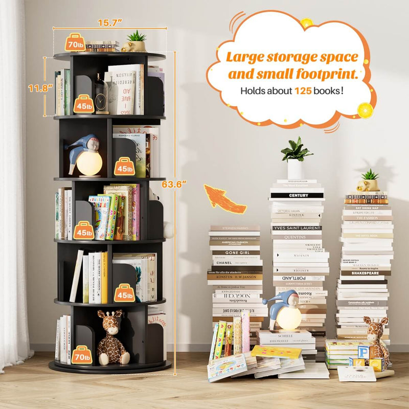 5-Tier Wooden Rotating Bookshelf, Bookcase Storage Rack