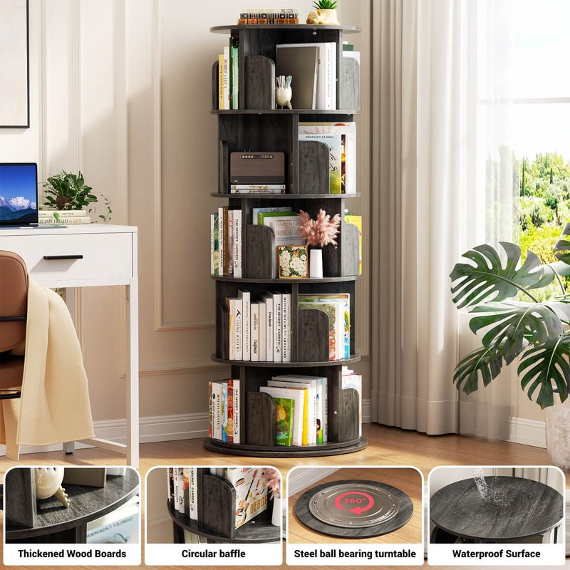 5-Tier Wooden Rotating Bookshelf, Bookcase Storage Rack