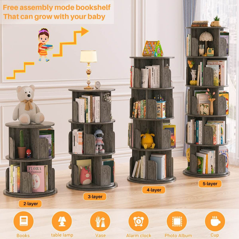 5-Tier Wooden Rotating Bookshelf, Bookcase Storage Rack