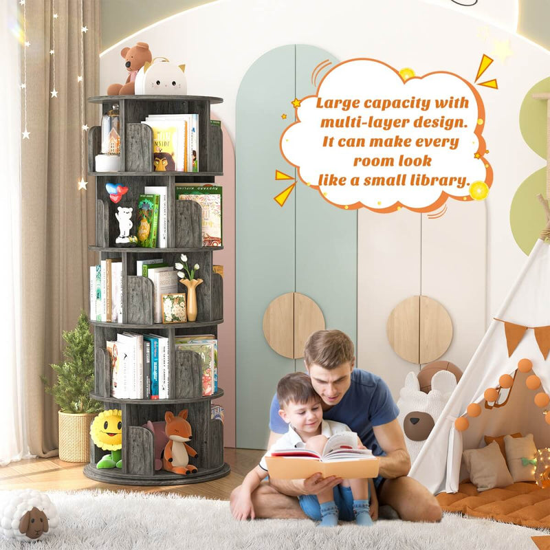 5-Tier Wooden Rotating Bookshelf, Bookcase Storage Rack
