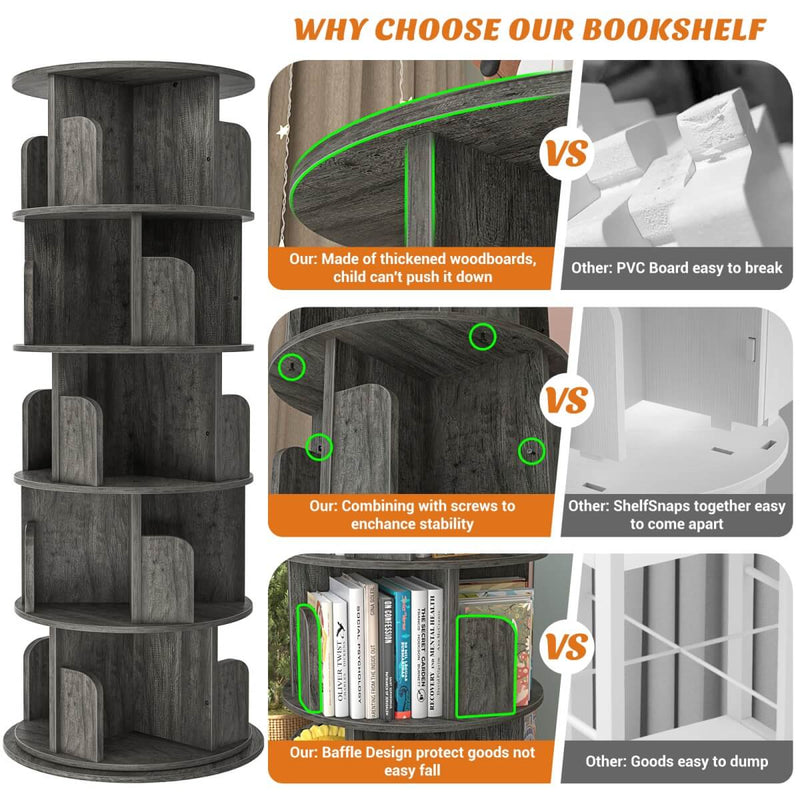 5-Tier Wooden Rotating Bookshelf, Bookcase Storage Rack