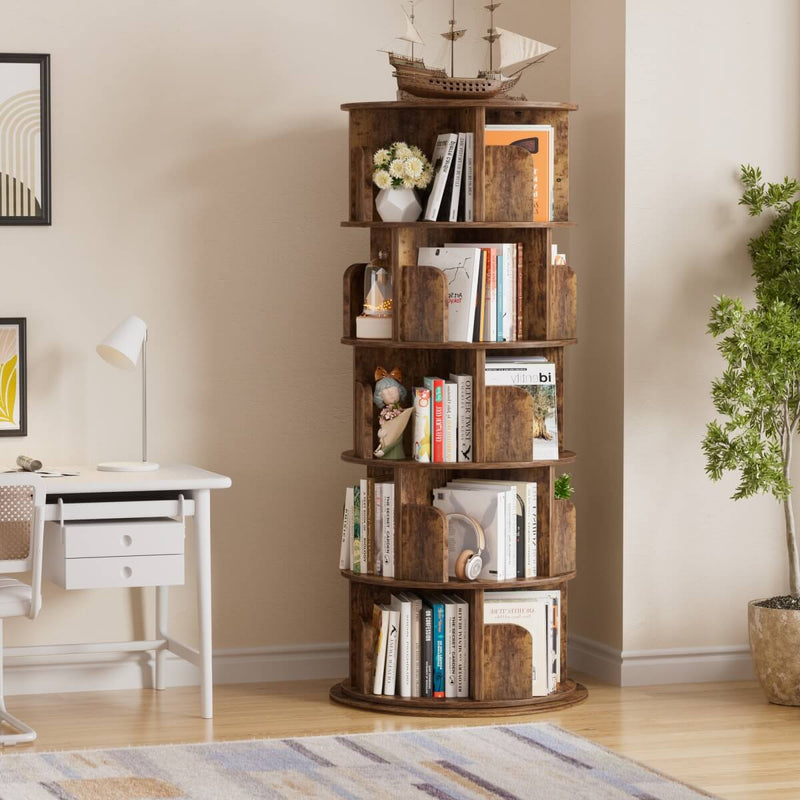 5-Tier Wooden Rotating Bookshelf, Bookcase Storage Rack