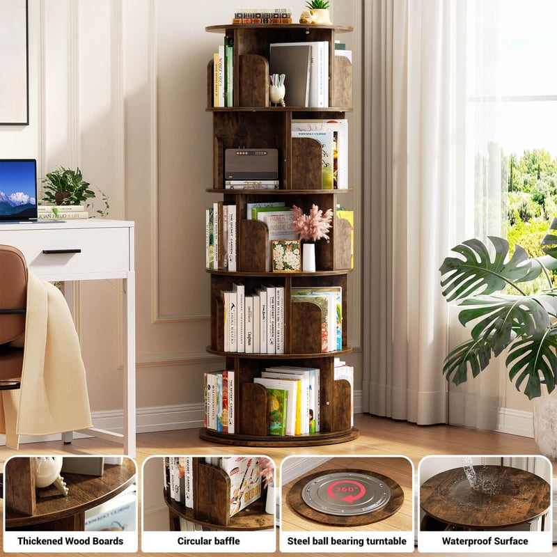 5-Tier Wooden Rotating Bookshelf, Bookcase Storage Rack
