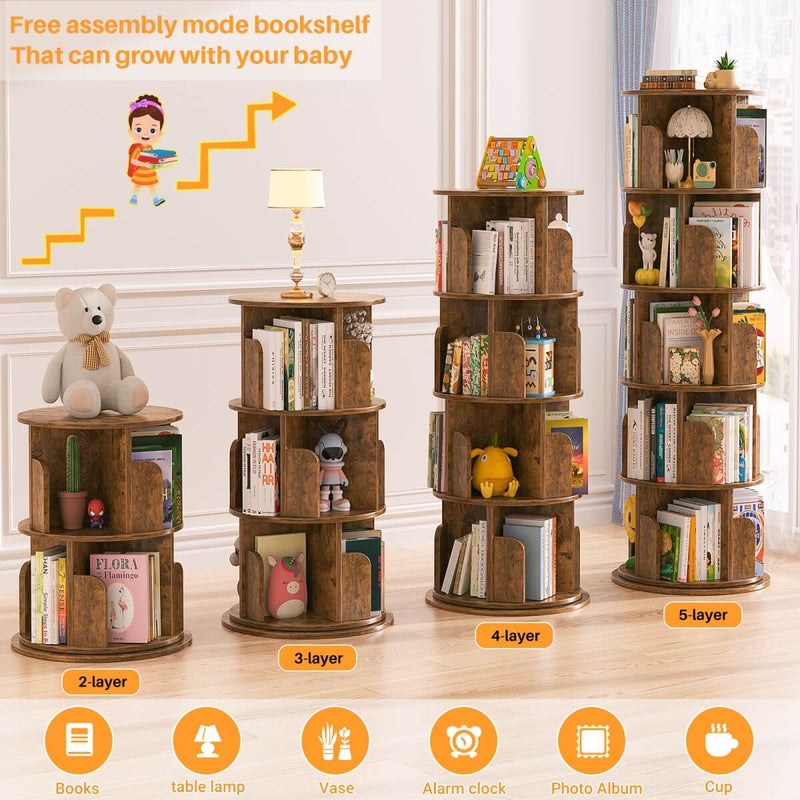 5-Tier Wooden Rotating Bookshelf, Bookcase Storage Rack