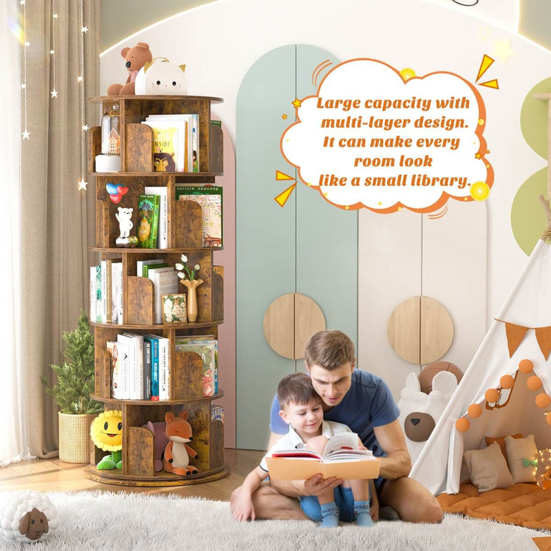 5-Tier Wooden Rotating Bookshelf, Bookcase Storage Rack