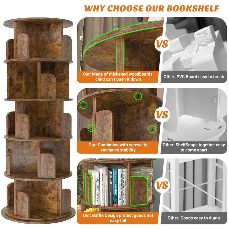 5-Tier Wooden Rotating Bookshelf, Bookcase Storage Rack