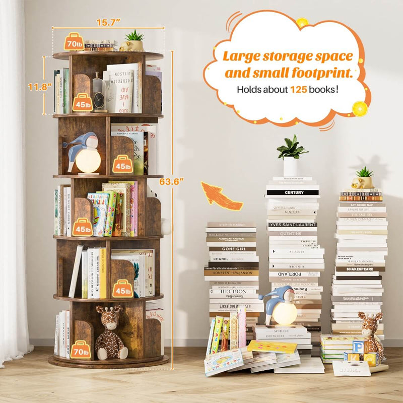 5-Tier Wooden Rotating Bookshelf, Bookcase Storage Rack