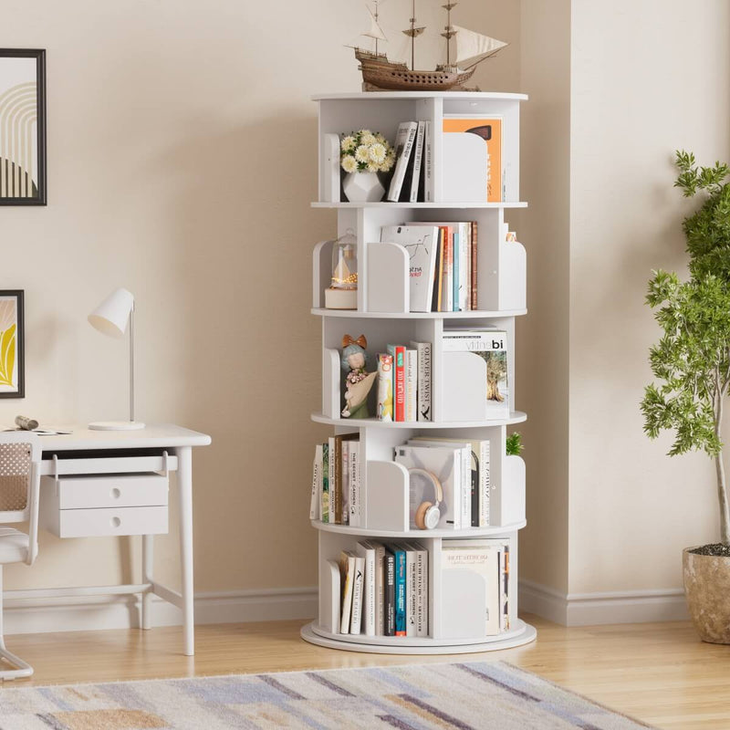 5-Tier Wooden Rotating Bookshelf, Bookcase Storage Rack