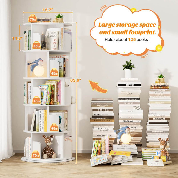 5-Tier Wooden Rotating Bookshelf, Bookcase Storage Rack