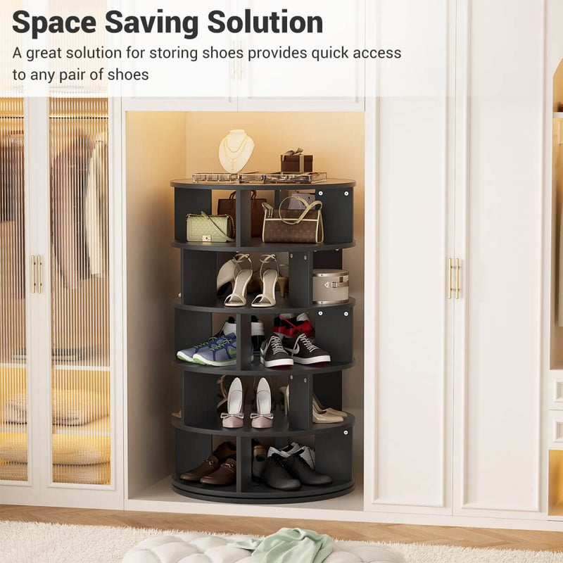 5-Tier Wooden Rotating Shoe Rack, Spinning Shoe Storage Tower