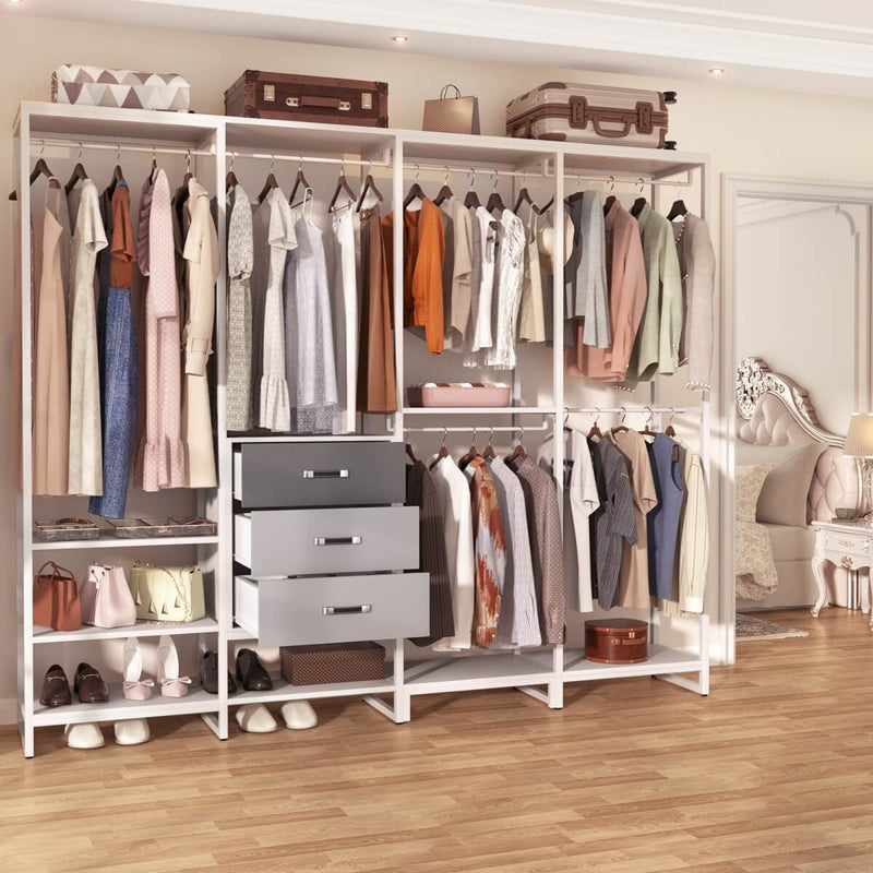 74'' Length Large Clothing Rack Wardrobe Closet with 3 Wooden Drawers