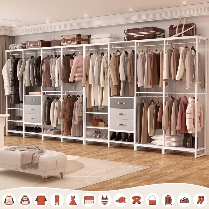 74'' Length Large Clothing Rack Wardrobe Closet with 3 Wooden Drawers
