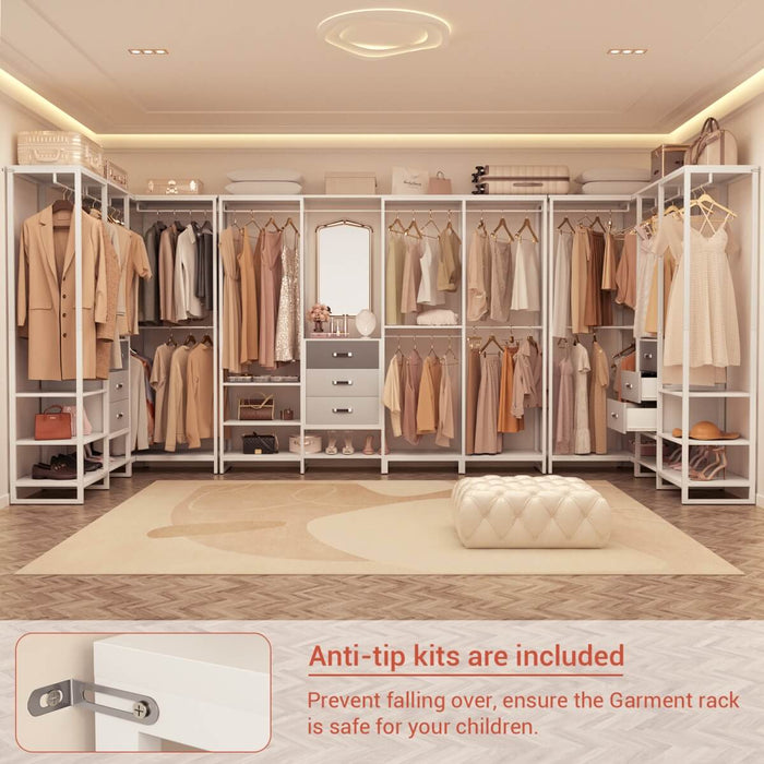 74'' Length Large Clothing Rack Wardrobe Closet with 3 Wooden Drawers