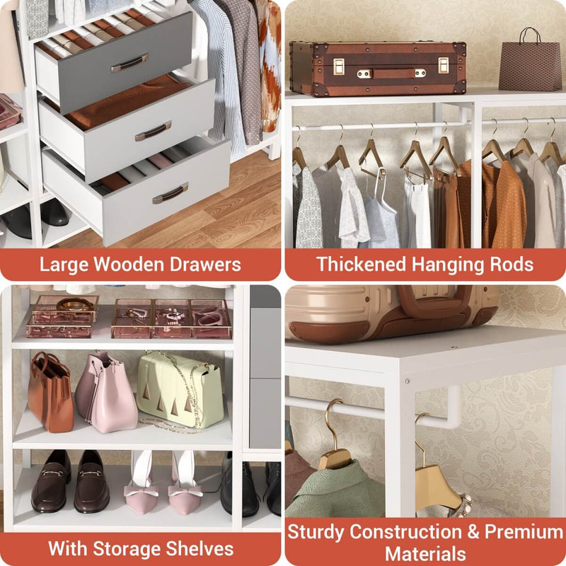 74'' Length Large Clothing Rack Wardrobe Closet with 3 Wooden Drawers
