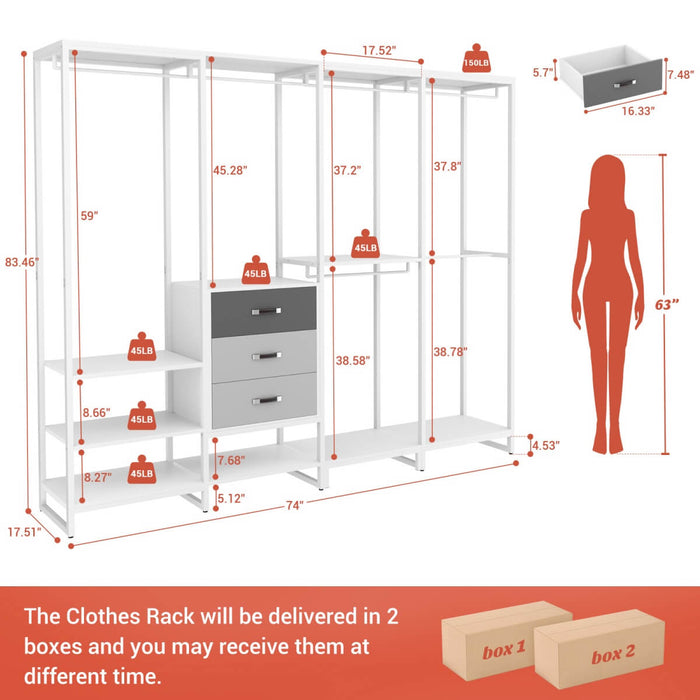 74'' Length Large Clothing Rack Wardrobe Closet with 3 Wooden Drawers