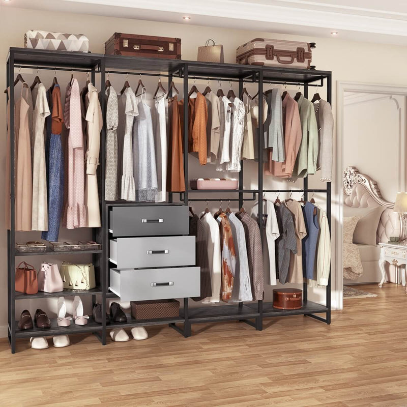 74'' Length Large Clothing Rack Wardrobe Closet with 3 Wooden Drawers