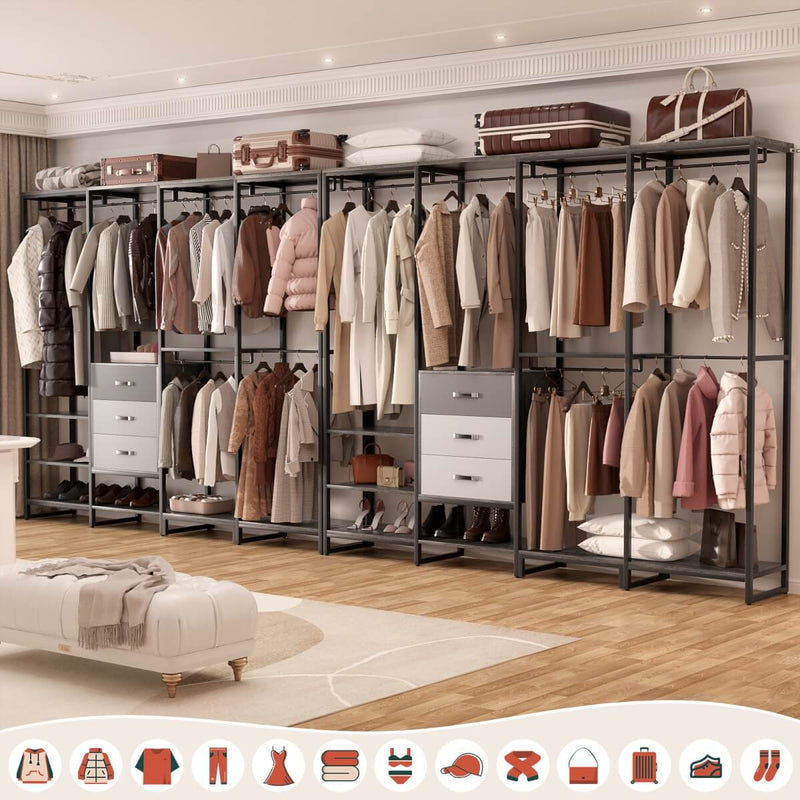 74'' Length Large Clothing Rack Wardrobe Closet with 3 Wooden Drawers