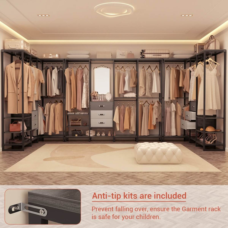 74'' Length Large Clothing Rack Wardrobe Closet with 3 Wooden Drawers