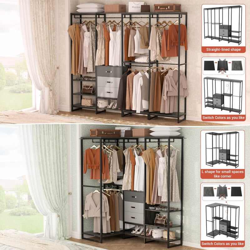 74'' Length Large Clothing Rack Wardrobe Closet with 3 Wooden Drawers