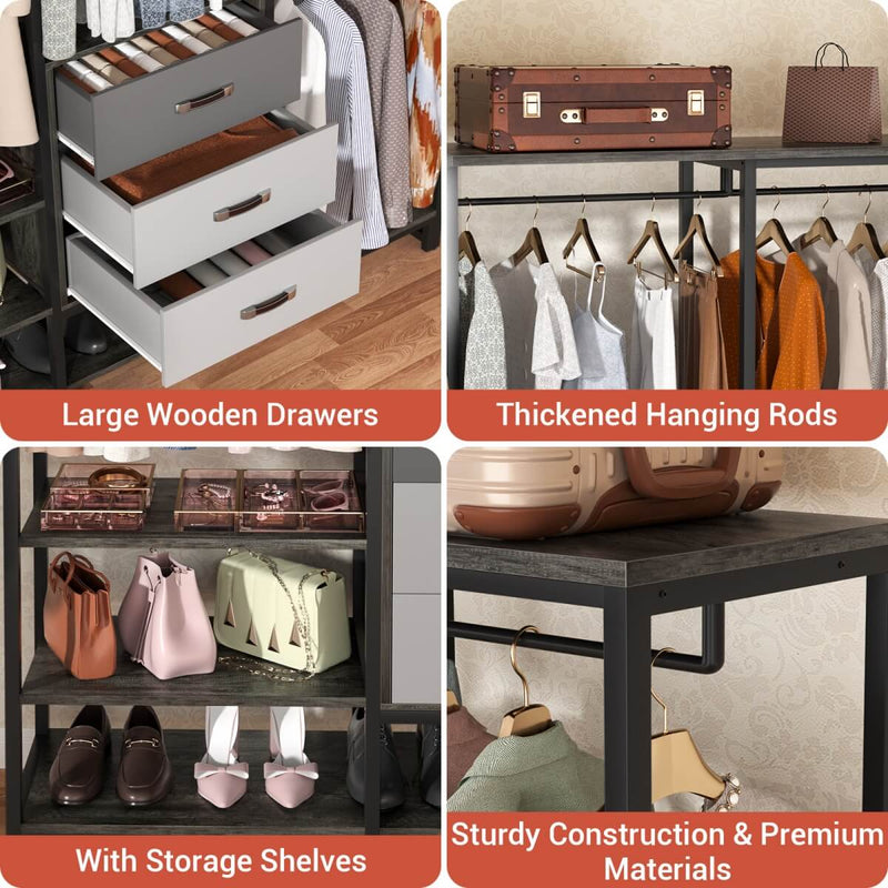 74'' Length Large Clothing Rack Wardrobe Closet with 3 Wooden Drawers