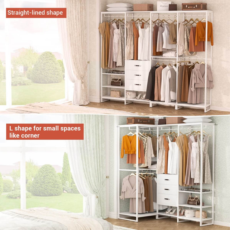 74'' Length Large Clothing Rack Wardrobe Closet with 3 Wooden Drawers