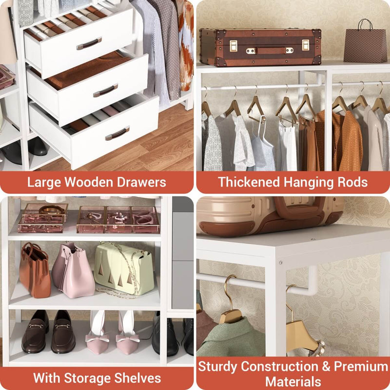 74'' Length Large Clothing Rack Wardrobe Closet with 3 Wooden Drawers