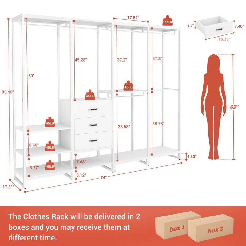 74'' Length Large Clothing Rack Wardrobe Closet with 3 Wooden Drawers