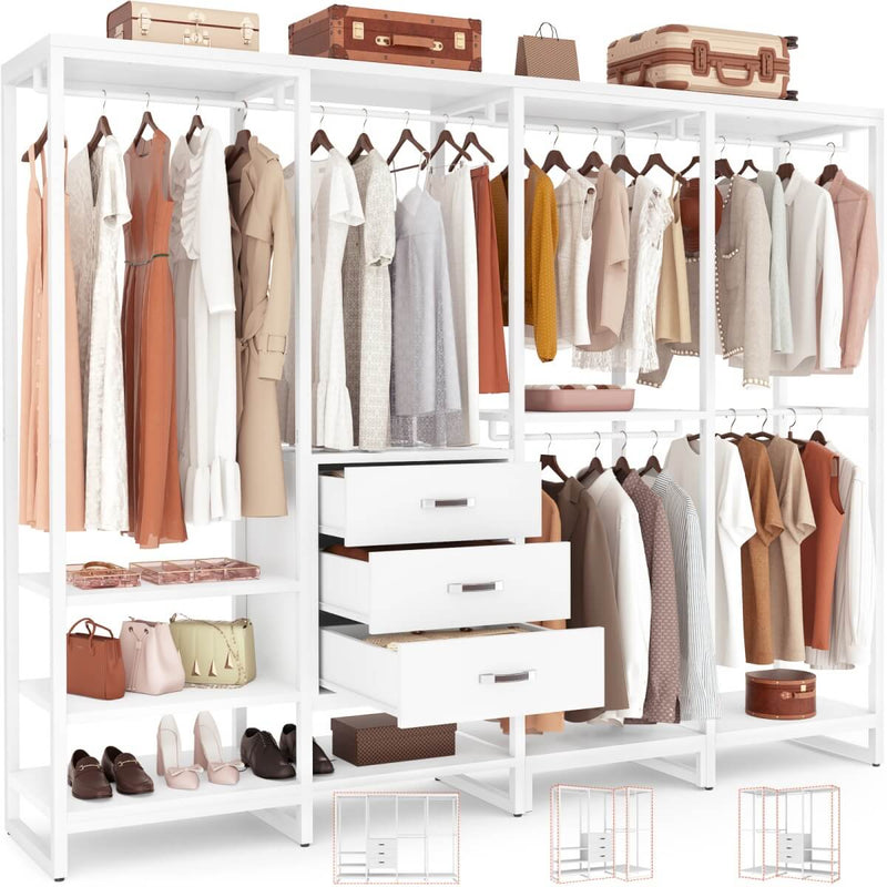 74'' Length Large Clothing Rack Wardrobe Closet with 3 Wooden Drawers