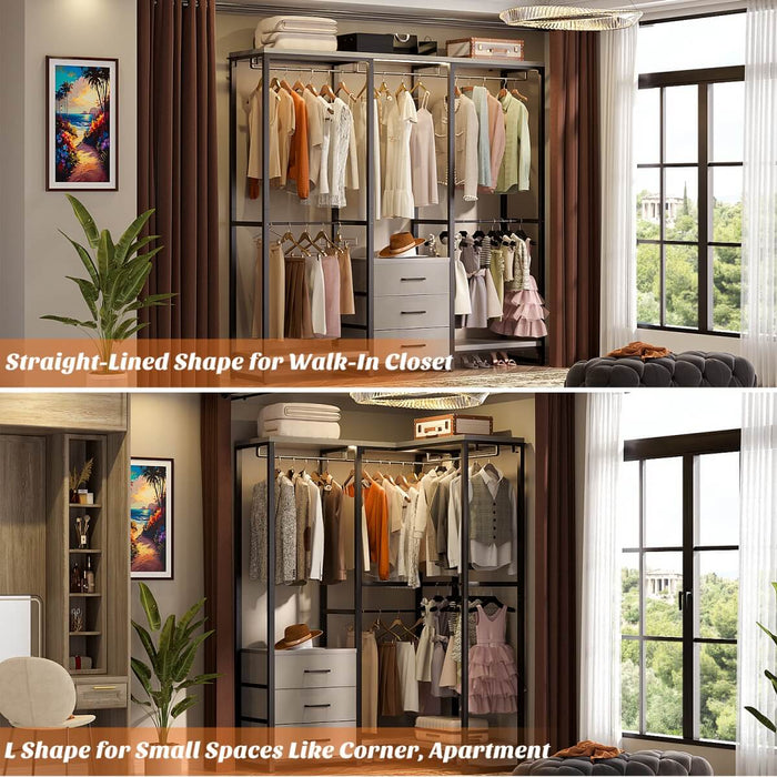 Heavy Duty Clothes Rack with 3 Fabric Drawers, Wood Stoarge Shelf Garment Rack