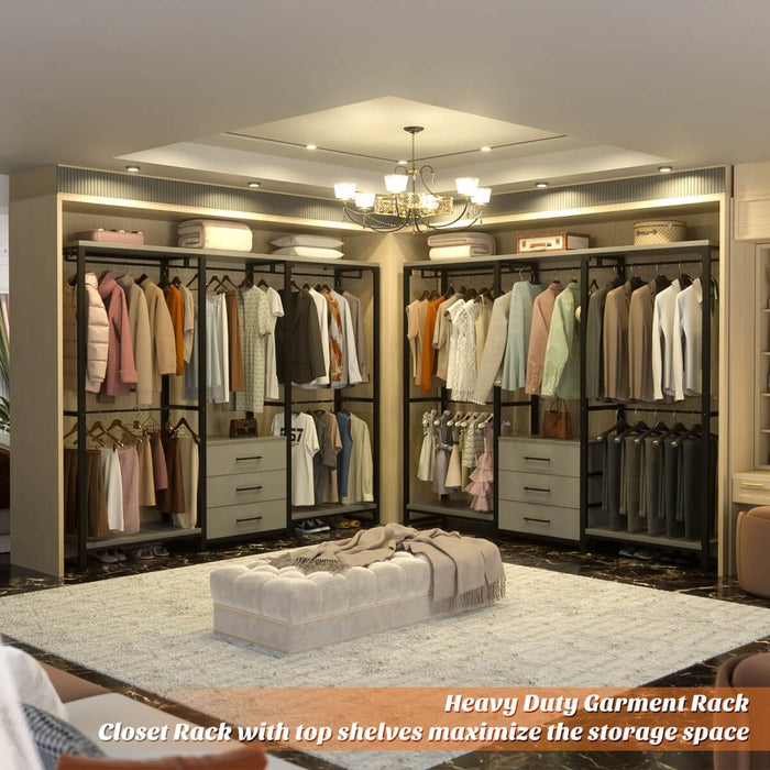 Heavy Duty Clothes Rack with 3 Fabric Drawers, Wood Stoarge Shelf Garment Rack