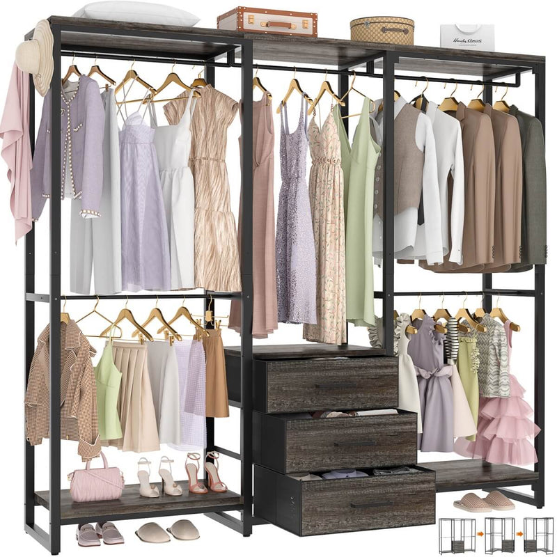Heavy Duty Clothes Rack with 3 Fabric Drawers, Wood Stoarge Shelf Garment Rack