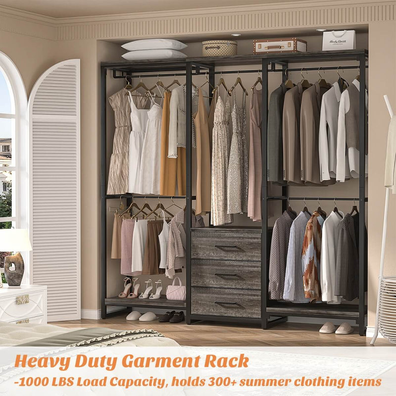 Heavy Duty Clothes Rack with 3 Fabric Drawers, Wood Stoarge Shelf Garment Rack