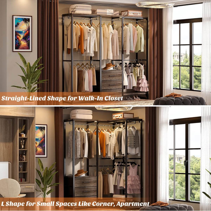 Heavy Duty Clothes Rack with 3 Fabric Drawers, Wood Stoarge Shelf Garment Rack