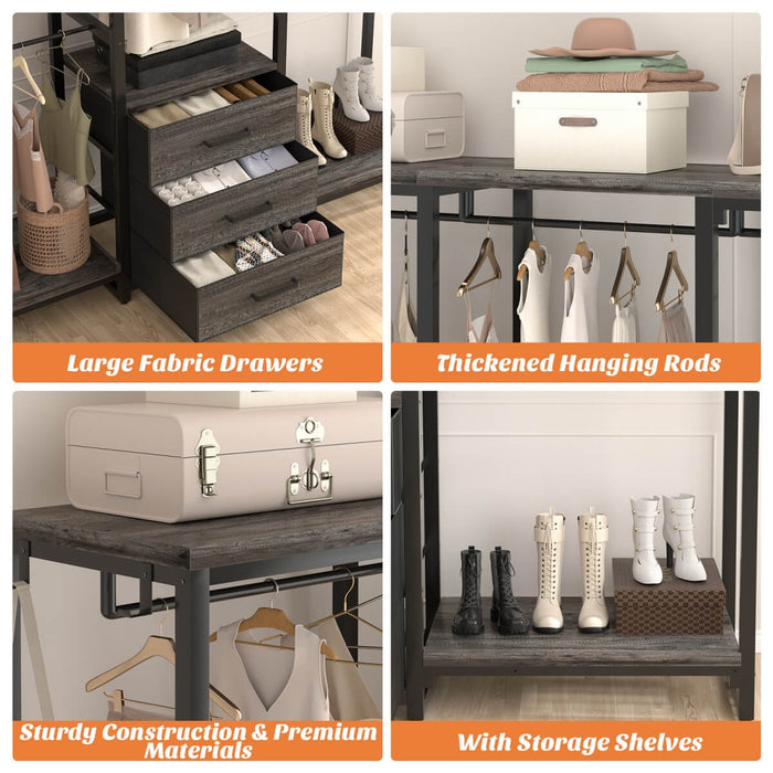 Heavy Duty Clothes Rack with 3 Fabric Drawers, Wood Stoarge Shelf Garment Rack