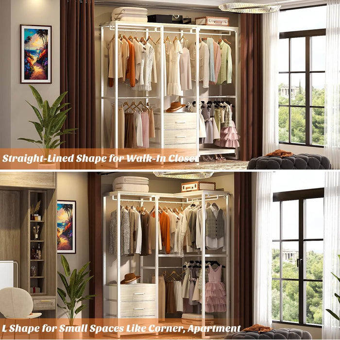 Heavy Duty Clothes Rack with 3 Fabric Drawers, Wood Stoarge Shelf Garment Rack