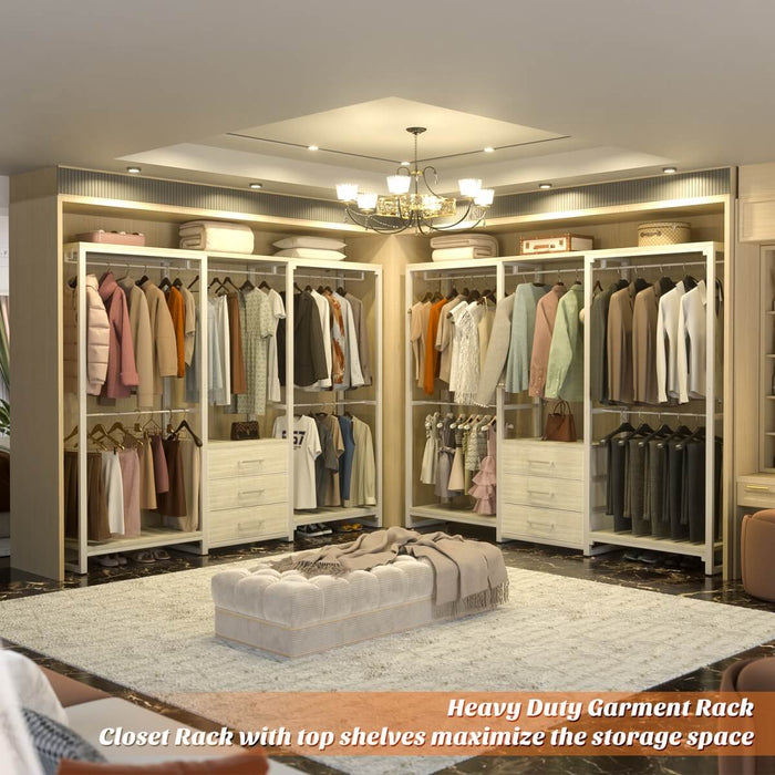 Heavy Duty Clothes Rack with 3 Fabric Drawers, Wood Stoarge Shelf Garment Rack